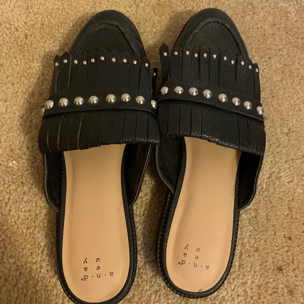 A New Day Leather Fringe Studded Flats